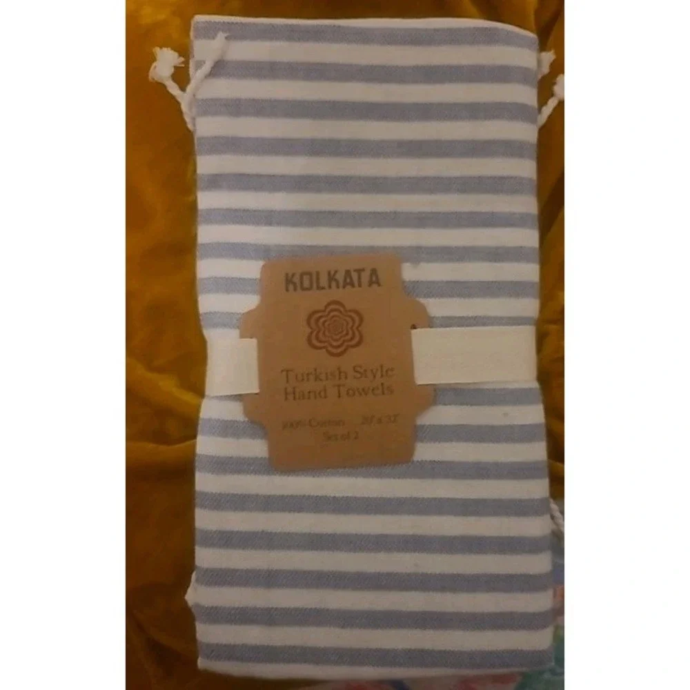 NWT Kolkata Set of 2 Turkish Hand Towels Blue/White Stripe 100% Cotton 20